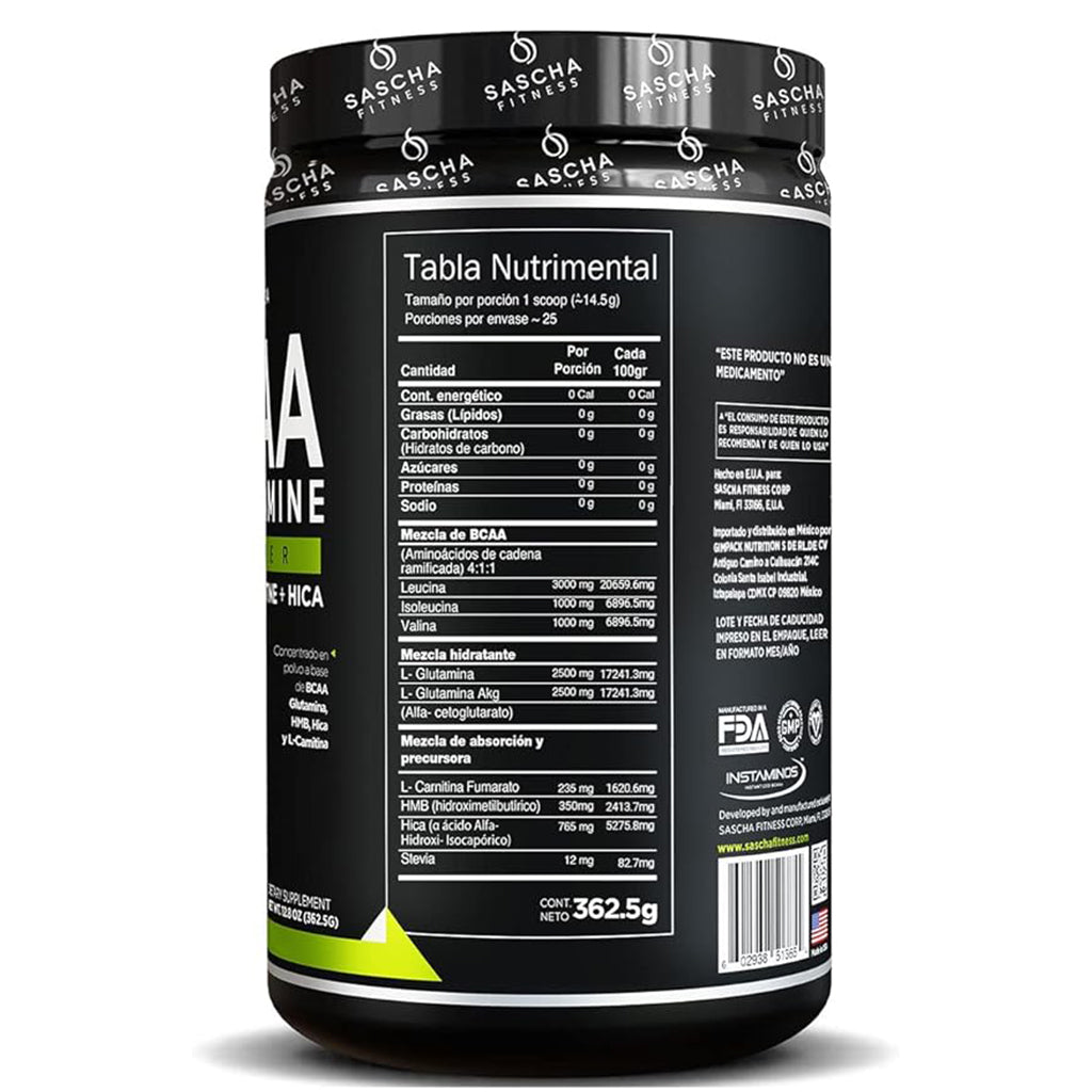 Sascha Fitness, BCAA + Glutamina, Lima limon, 363gr, 25serv